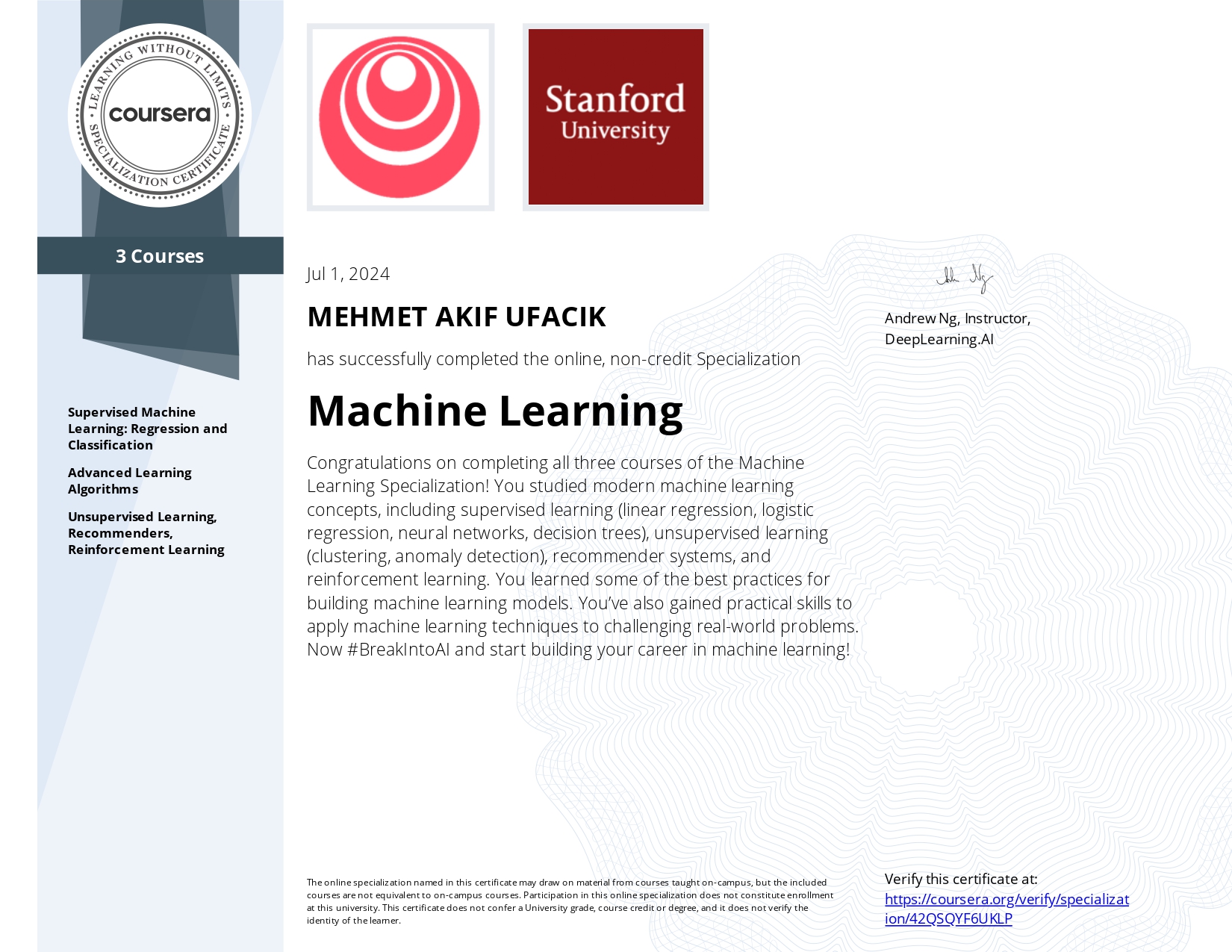 Machine Learning Specialization Certificate